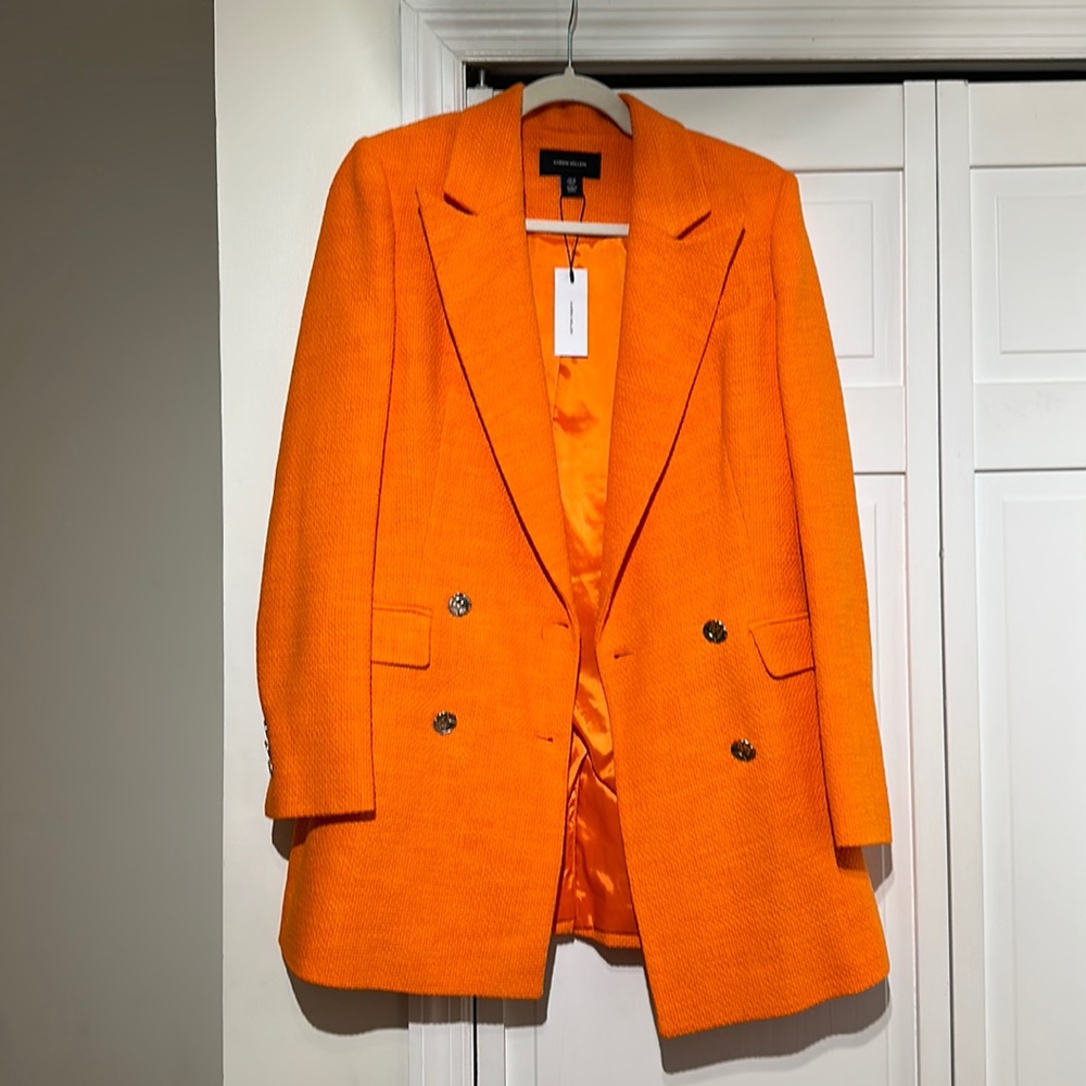 NWT Karen Millen Neon Orange Bouclé Double Breasted Blazer Jacket 6 M UK10